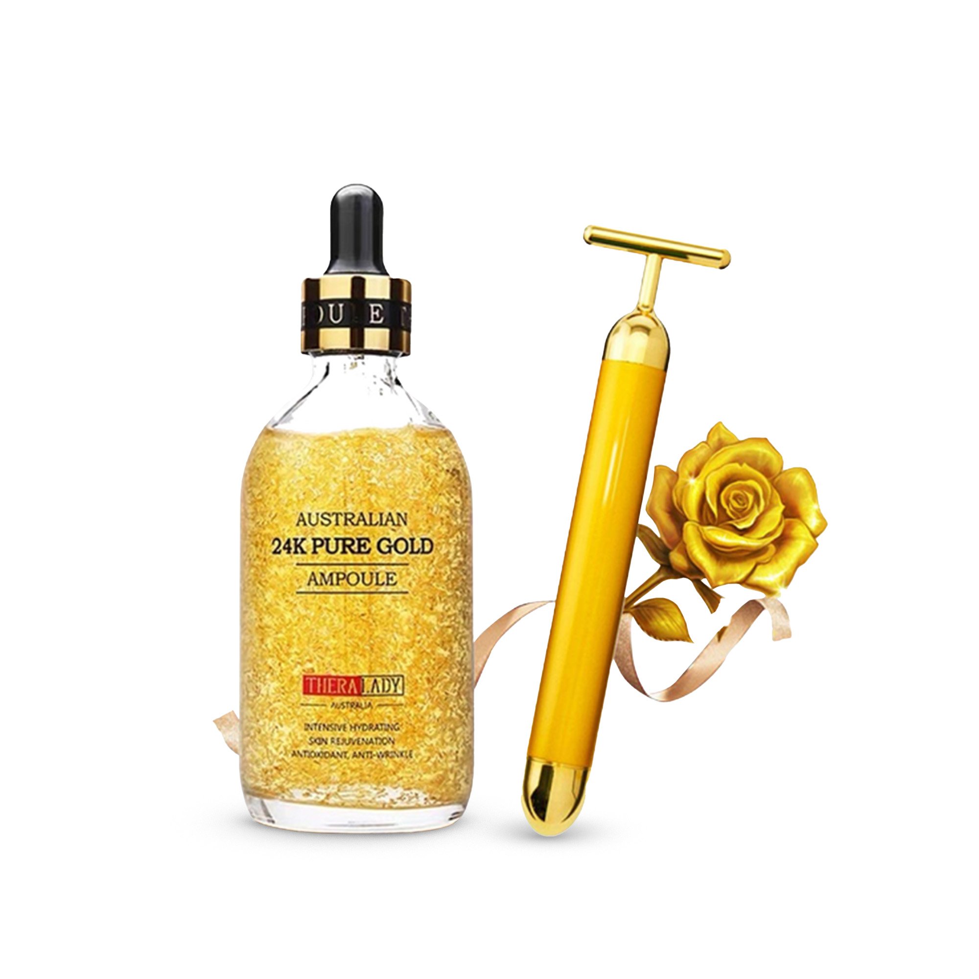 Bộ đôi Serum Tinh Chất Vàng 24k & Thanh lăn Pure Gold Ampoule Thera Lady 100ml (Date mới nhất) - Xuất xứ ÚcBộ đội Serum Tinh Chất Vàng 24k Thanh lăn Pure