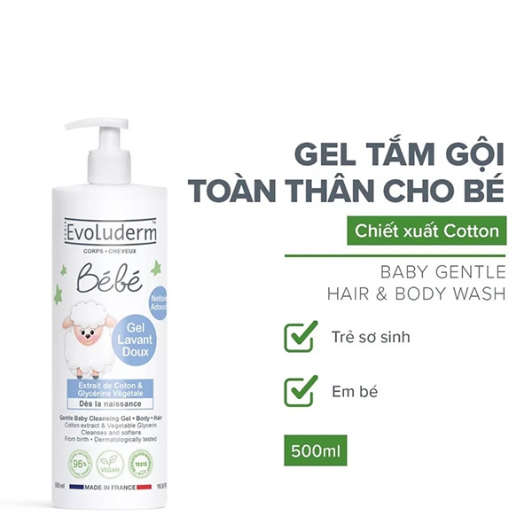 Sữa tắm gội dịu nhẹ dành cho em bé Evoluderm Bebé Gel Lavant Doux 500ml - Mỹ phẩm ĐẸP XINH