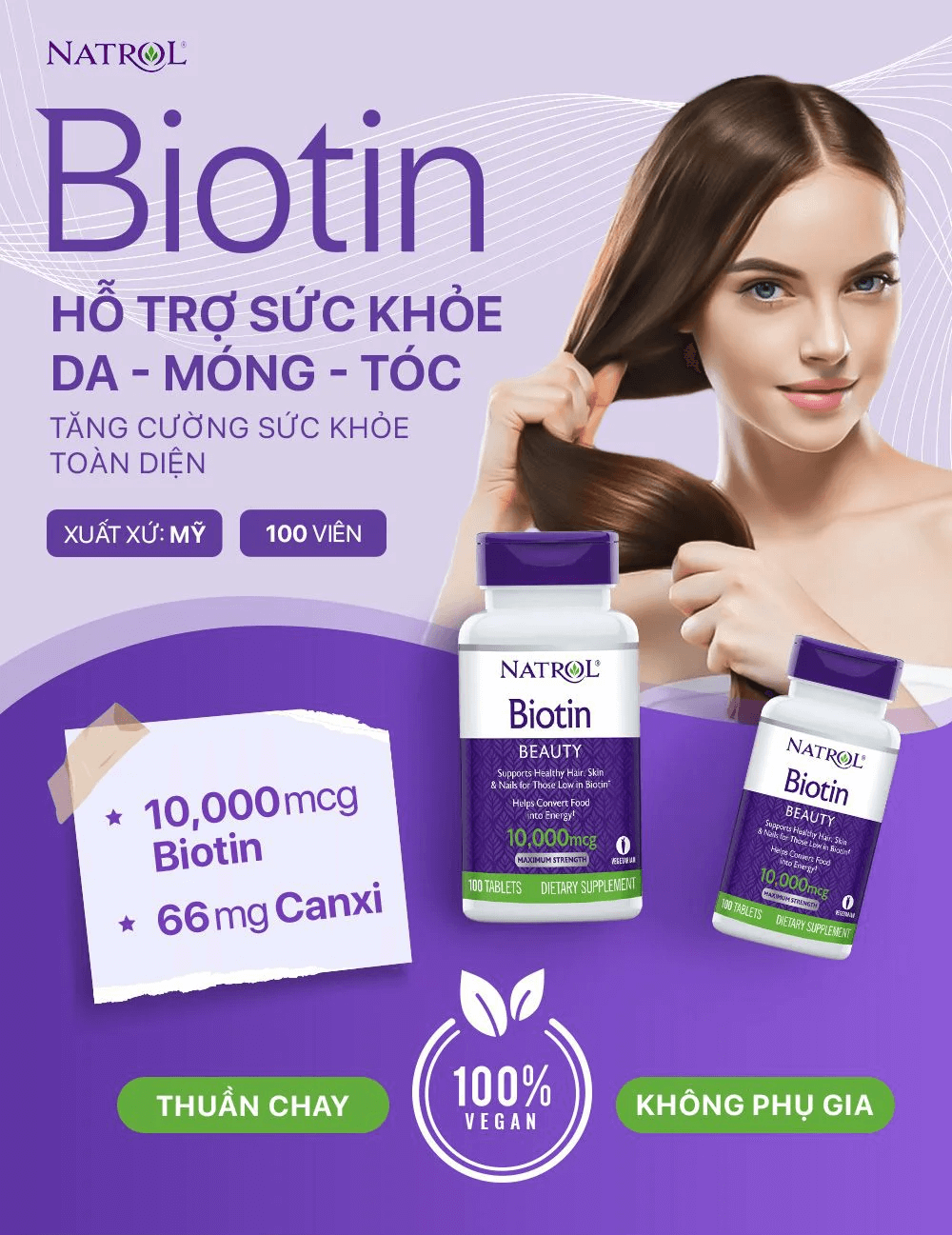 CHÍNH HÃNG] Viên Uống Biotin Mọc Tóc, Chống Rụng Natrol 100 Viên